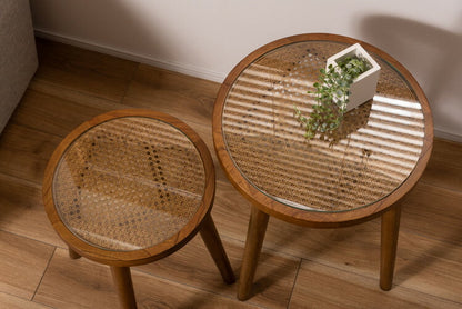 ラウンドガラステーブルM サイドテーブル テーブル ガラステーブル おしゃれ モダン シンプル ラタン 籐 リゾート アジアン ソファ 座椅子 ベッド コンパクト 木製 天然木 ガラス 軽い 軽量(代引不可)