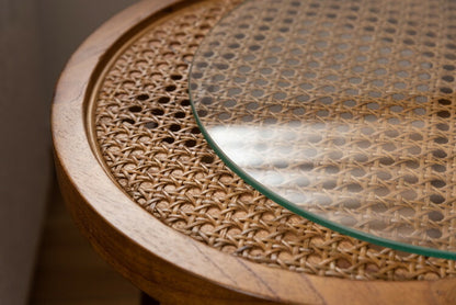 ラウンドガラステーブルM サイドテーブル テーブル ガラステーブル おしゃれ モダン シンプル ラタン 籐 リゾート アジアン ソファ 座椅子 ベッド コンパクト 木製 天然木 ガラス 軽い 軽量(代引不可)