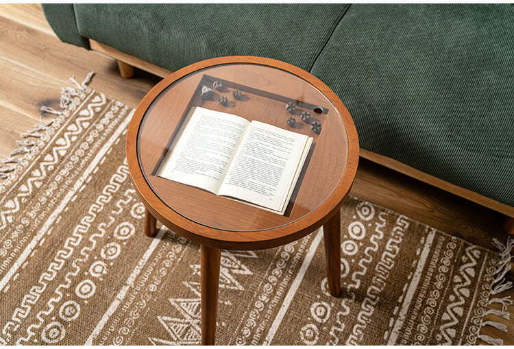 ボードゲームテーブル GT-780 東谷 サイドテーブル 丸 ラウンド 丸型 木製 高さ50cm 円形 ソファ ベッド横 ガラス リビング 天然木 ナチュラル ナイトテーブル 遊べる ゲーム 三目並べ(代引不可)