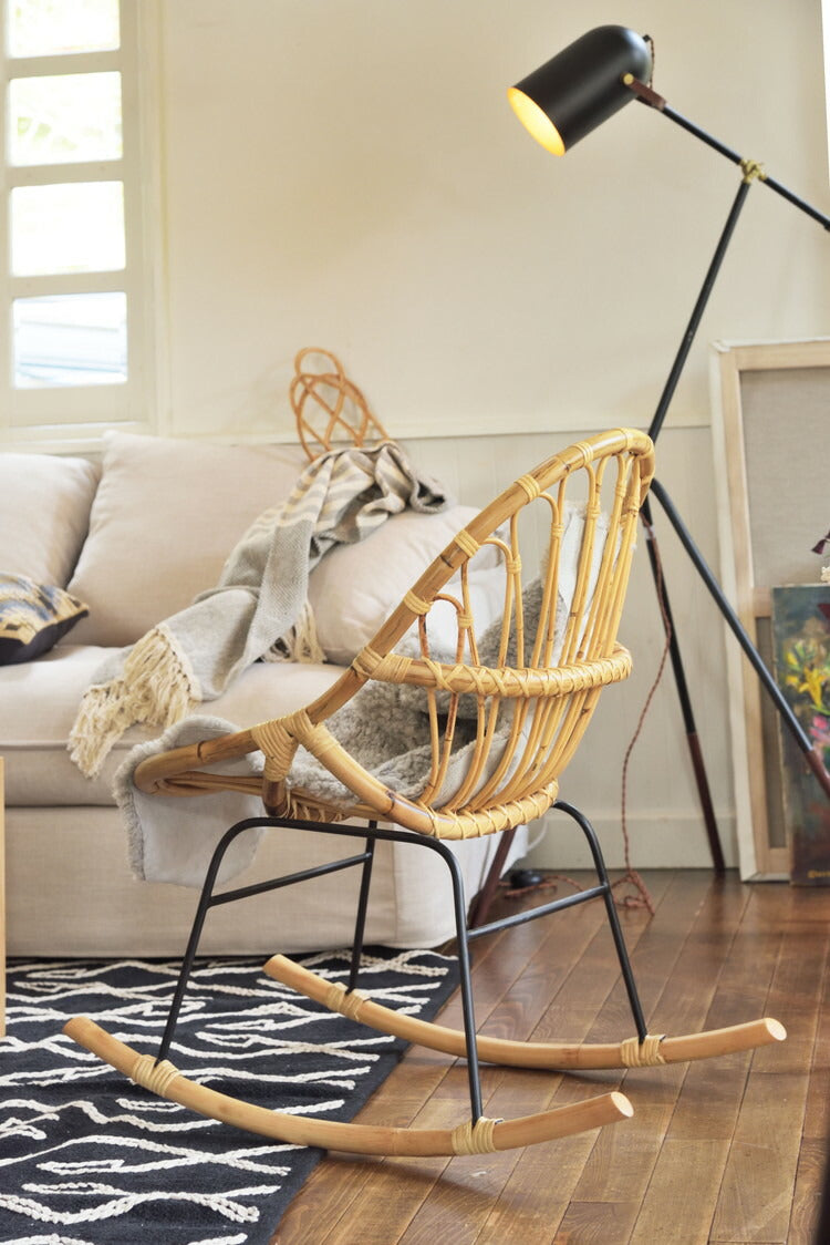 ロッキングチェア ラタン 籐 パーソナルチェア 椅子 イス いす 揺り椅子 リラックスチェア 一人掛け レトロ アジアン リゾート アンティーク スチール脚 アームレス 肘なし 背もたれ(代引不可)