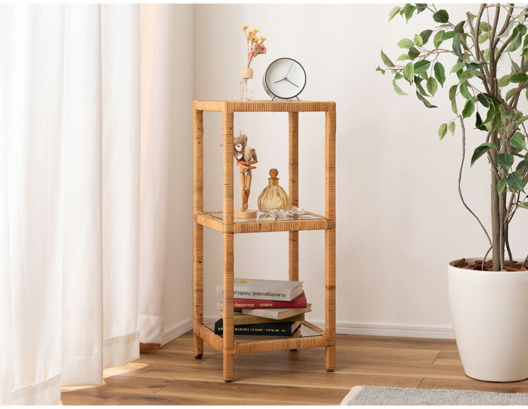 ガラスシェルフ GUY-2 東谷 シェルフ ガラス ガラスシェルフ ラタン 籐 クリア 収納 収納棚 ラック オープンラック 3段 三段 見せる収納 シンプル 北欧 ナチュラル ナイトテーブル 強化ガラス(代引不可)