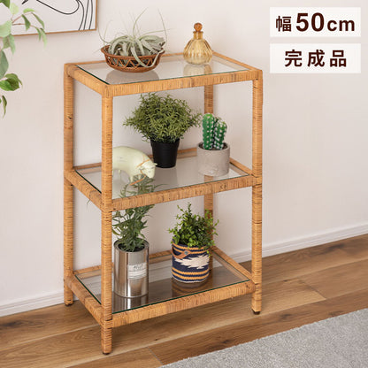 ガラスシェルフW GUY-2 東谷 シェルフ ガラス ガラスシェルフ ラタン 籐 クリア 収納 収納棚 ラック オープンラック 3段 三段 見せる収納 シンプル 北欧 ナチュラル ナイトテーブル 強化ガラス(代引不可)