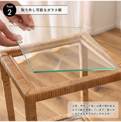 ガラスシェルフW GUY-2 東谷 シェルフ ガラス ガラスシェルフ ラタン 籐 クリア 収納 収納棚 ラック オープンラック 3段 三段 見せる収納 シンプル 北欧 ナチュラル ナイトテーブル 強化ガラス(代引不可)