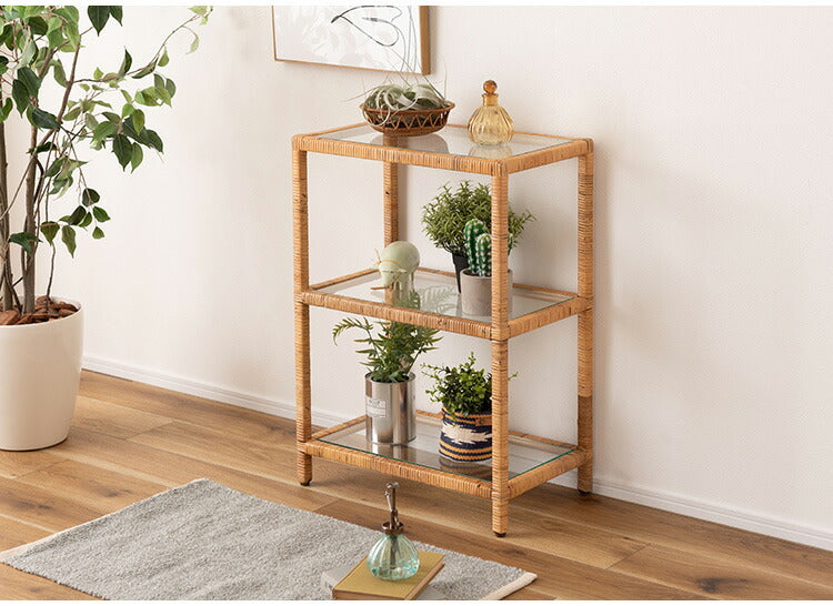 ガラスシェルフW GUY-2 東谷 シェルフ ガラス ガラスシェルフ ラタン 籐 クリア 収納 収納棚 ラック オープンラック 3段 三段 見せる収納 シンプル 北欧 ナチュラル ナイトテーブル 強化ガラス(代引不可)