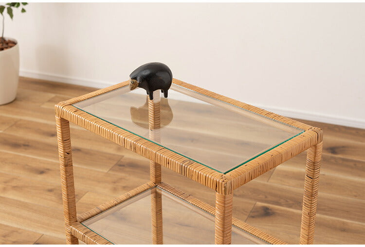 ガラスシェルフW GUY-2 東谷 シェルフ ガラス ガラスシェルフ ラタン 籐 クリア 収納 収納棚 ラック オープンラック 3段 三段 見せる収納 シンプル 北欧 ナチュラル ナイトテーブル 強化ガラス(代引不可)