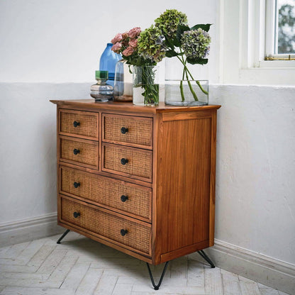 籐 チェスト 4段 6杯 エスニック風 チーク材フレーム 幅80cm ラタン製 ラタンチェスト 収納 整理 衣類収納 完成品 籐家具 引出し 木製 ラタン ディスプレイ 韓国風インテリア おしゃれ(代引不可)