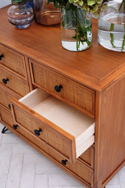 籐 チェスト 4段 6杯 エスニック風 チーク材フレーム 幅80cm ラタン製 ラタンチェスト 収納 整理 衣類収納 完成品 籐家具 引出し 木製 ラタン ディスプレイ 韓国風インテリア おしゃれ(代引不可)