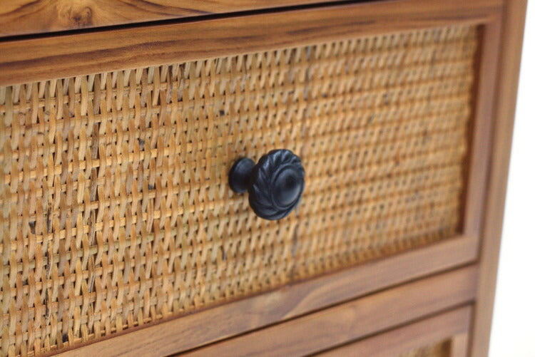 籐 チェスト 4段 6杯 エスニック風 チーク材フレーム 幅80cm ラタン製 ラタンチェスト 収納 整理 衣類収納 完成品 籐家具 引出し 木製 ラタン ディスプレイ 韓国風インテリア おしゃれ(代引不可)