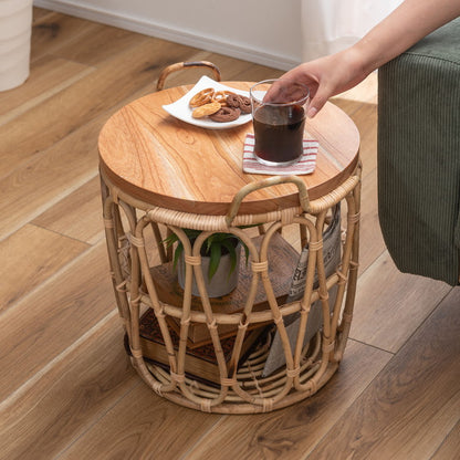 バスケットテーブル テーブル バスケット付き 収納 机 サイドテーブル ラタン 籐 スチール 天板 ソファサイド ベッドサイド インテリア おしゃれ 一人暮らし 新生活 コンパクト 省スペース(代引不可)