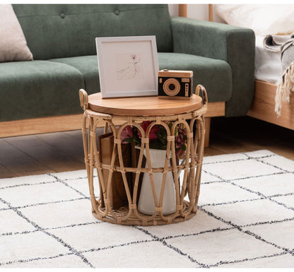 バスケットテーブル テーブル バスケット付き 収納 机 サイドテーブル ラタン 籐 スチール 天板 ソファサイド ベッドサイド インテリア おしゃれ 一人暮らし 新生活 コンパクト 省スペース(代引不可)