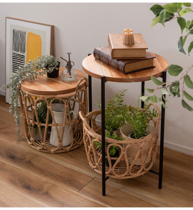 バスケットテーブル テーブル バスケット付き 収納 机 サイドテーブル ラタン 籐 スチール 天板 ソファサイド ベッドサイド インテリア おしゃれ 一人暮らし 新生活 コンパクト 省スペース(代引不可)