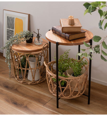 バスケットテーブル テーブル バスケット付き 収納 机 サイドテーブル ラタン 籐 スチール 天板 ソファサイド ベッドサイド インテリア おしゃれ 一人暮らし 新生活 コンパクト 省スペース(代引不可)