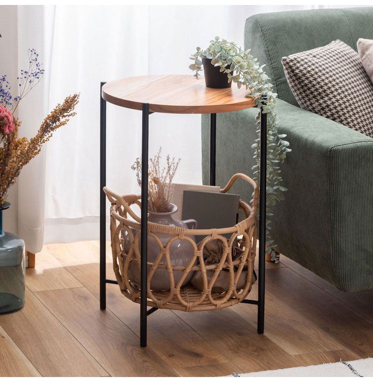 バスケット付きサイドテーブル テーブル バスケット付き 収納 机 サイドテーブル ラタン 籐 スチール 天板 ソファサイド ベッドサイド 新生活 コンパクト 省スペース インテリア 北欧(代引不可)