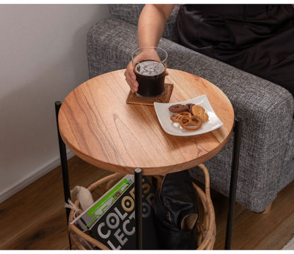 バスケット付きサイドテーブル テーブル バスケット付き 収納 机 サイドテーブル ラタン 籐 スチール 天板 ソファサイド ベッドサイド 新生活 コンパクト 省スペース インテリア 北欧(代引不可)