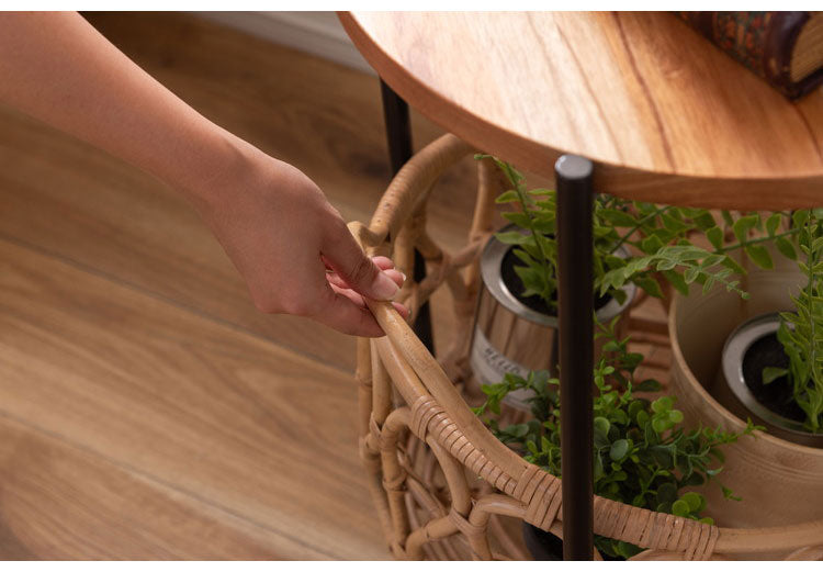 バスケット付きサイドテーブル テーブル バスケット付き 収納 机 サイドテーブル ラタン 籐 スチール 天板 ソファサイド ベッドサイド 新生活 コンパクト 省スペース インテリア 北欧(代引不可)