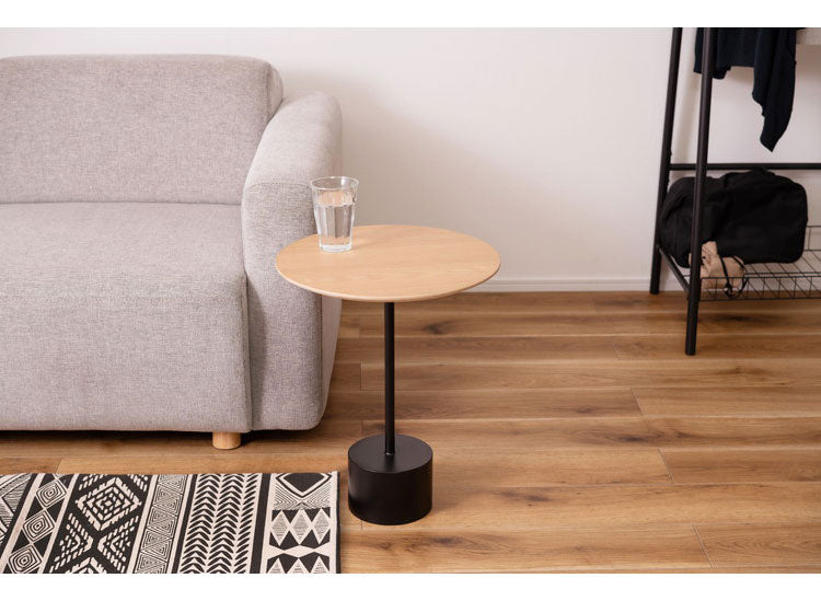 サイドテーブル ラウンド 丸型 幅40cm 高さ50cm 花台 植木台 シングルレッグ スタイリッシュ テーブル ナイトテーブル アイアン 木製 天然木 オーク おしゃれ シンプル ナチュラル ブラック(代引不可)