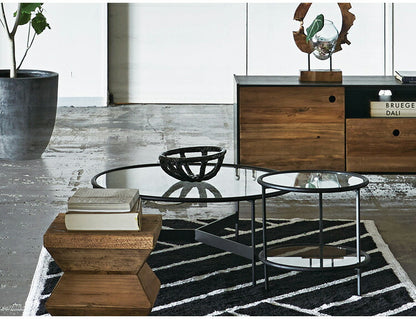 ラウンド ガラステーブル 直径75cm センターテーブル ガラス アイアン 丸型 円形 ネストテーブル 強化ガラス ラウンドテーブル インダストリアル モダン シンプル おしゃれ クリア ブラック 黒(代引不可)