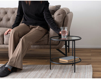 ラウンド ガラステーブル 直径38cm サイドテーブル 2段 ガラス アイアン 丸型 円形 ネストテーブル 強化ガラス ラウンドテーブル インダストリアル モダン シンプル おしゃれ クリア ブラック 黒(代引不可)