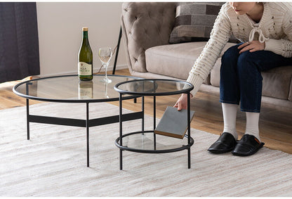 ラウンド ガラステーブル 直径38cm サイドテーブル 2段 ガラス アイアン 丸型 円形 ネストテーブル 強化ガラス ラウンドテーブル インダストリアル モダン シンプル おしゃれ クリア ブラック 黒(代引不可)