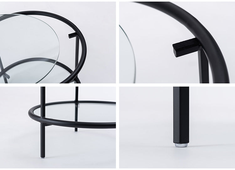 ラウンド ガラステーブル 直径38cm サイドテーブル 2段 ガラス アイアン 丸型 円形 ネストテーブル 強化ガラス ラウンドテーブル インダストリアル モダン シンプル おしゃれ クリア ブラック 黒(代引不可)