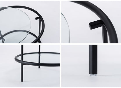 ラウンド ガラステーブル 直径38cm サイドテーブル 2段 ガラス アイアン 丸型 円形 ネストテーブル 強化ガラス ラウンドテーブル インダストリアル モダン シンプル おしゃれ クリア ブラック 黒(代引不可)