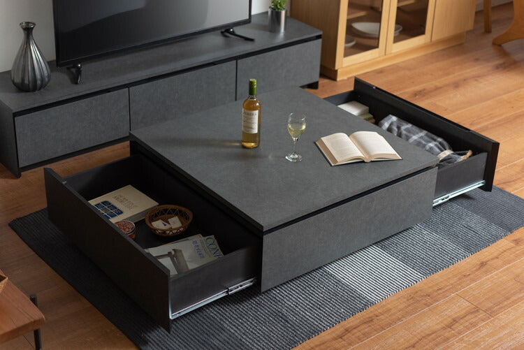 リビングテーブル センターテーブル ローテーブル テーブル 幅90cm 正方形 グレー おしゃれ モダン シンプル 引き出し付き 収納付き 大きめ 日本製(代引不可)