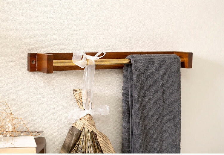 タオルハンガー チーク バータイプ タオル掛け タオルホルダー 壁掛け 収納 収納棚 木製 天然木 ブラウン チーク材 木 おしゃれ シンプル ナチュラル 北欧 カントリー カントリー調 ゴールド(代引不可)