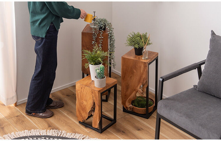プランタースタンド チーク 高さ40cm スタンド 天然木 木製 スチール おしゃれ ブラウン サイドテーブル 花台 植物 四角 フラワースタンド シンプル モダン ヴィンテージ インテリア 北欧(代引不可)