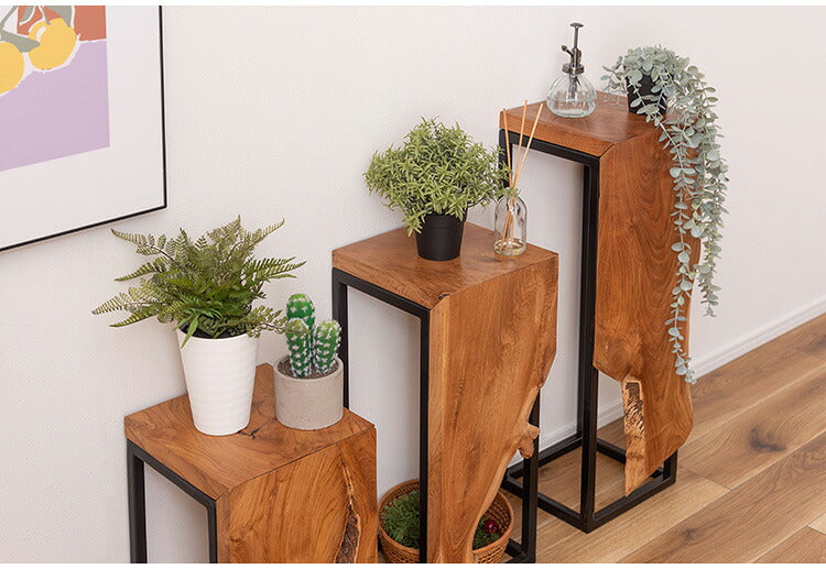 プランタースタンド チーク 高さ40cm スタンド 天然木 木製 スチール おしゃれ ブラウン サイドテーブル 花台 植物 四角 フラワースタンド シンプル モダン ヴィンテージ インテリア 北欧(代引不可)