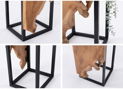 プランタースタンド チーク 高さ55cm スタンド 天然木 木製 スチール おしゃれ ブラウン サイドテーブル 花台 植物 四角 フラワースタンド シンプル モダン ヴィンテージ インテリア 北欧(代引不可)