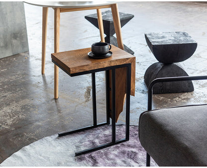 サイドテーブル チーク 幅40cm 奥行30cmナイトテーブル 机 天然木 木製 スチール ブラウン ソファサイド リビング おしゃれ シンプル モダン ヴィンテージ コの字 四角 インテリア 北欧(代引不可)