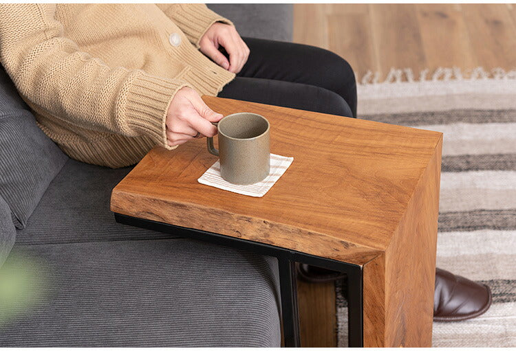 サイドテーブル チーク 幅40cm 奥行30cmナイトテーブル 机 天然木 木製 スチール ブラウン ソファサイド リビング おしゃれ シンプル モダン ヴィンテージ コの字 四角 インテリア 北欧(代引不可)