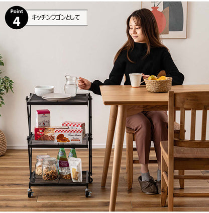 フォールディングラック LFS-56 東谷 ラック 折りたたみ 折りたたみラック キャスター ストッパー付き 高さ調整 3段 スチール アイアン シンプル モダン ブラック 黒(代引不可)