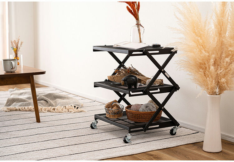 フォールディングラック LFS-56 東谷 ラック 折りたたみ 折りたたみラック キャスター ストッパー付き 高さ調整 3段 スチール アイアン シンプル モダン ブラック 黒(代引不可)