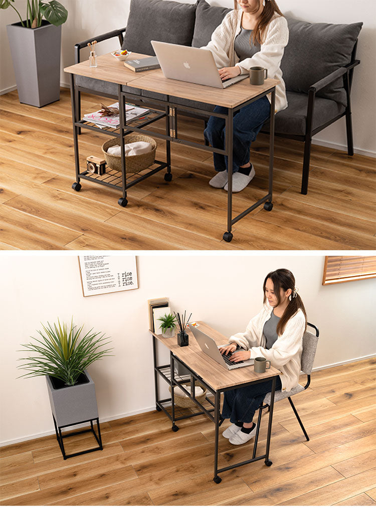 バタフライデスク 北欧 おしゃれ シンプル デザイン 棚 ナチュラル デスク オープンラック 1台2役 2WAY テーブル 多機能 サイドテーブル ワゴン キャスター付き 目隠し収納 スチール 広々天板 作業台(代引不可)