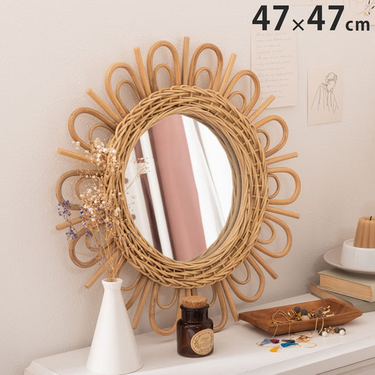 ラタンミラー ミラー 鏡 姿見 壁掛け ウォールミラー スタンド 丸型 円型 ラタン 籐 シンプル おしゃれ ナチュラル インテリア 省スペース 新生活 一人暮らし(代引不可)