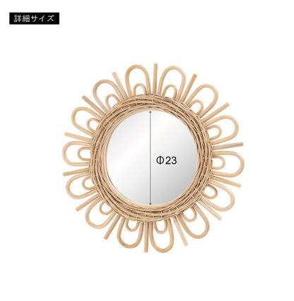 ラタンミラー ミラー 鏡 姿見 壁掛け ウォールミラー スタンド 丸型 円型 ラタン 籐 シンプル おしゃれ ナチュラル インテリア 省スペース 新生活 一人暮らし(代引不可)