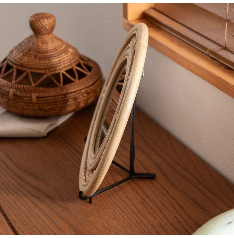 ラタンミラー スタンド付き ミラー 鏡 姿見 スタンド スタンド付き 丸型 円型 ラタン 籐 インテリア 省スペース 新生活 一人暮らし(代引不可)