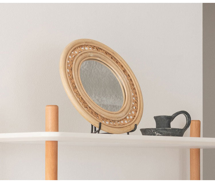 ラタンミラー スタンド付き ミラー 鏡 姿見 スタンド スタンド付き 丸型 円型 ラタン 籐 インテリア 省スペース 新生活 一人暮らし(代引不可)