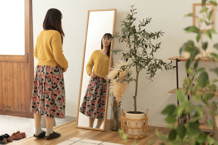 鏡 ミラー スリム スタンドミラー おしゃれ 全身ミラー 姿見 全身鏡 壁掛けミラー ウォールミラー オーク オーク無垢材 北欧 ナチュラル シンプル モダン 飛散防止 省スペース 一人暮らし ワンルーム(代引不可)