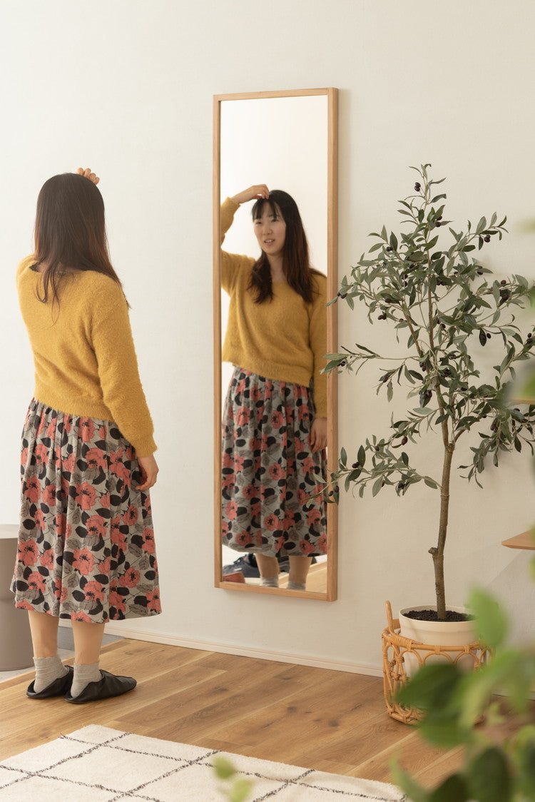 鏡 ミラー スリム スタンドミラー おしゃれ 全身ミラー 姿見 全身鏡 壁掛けミラー ウォールミラー オーク オーク無垢材 北欧 ナチュラル シンプル モダン 飛散防止 省スペース 一人暮らし ワンルーム(代引不可)