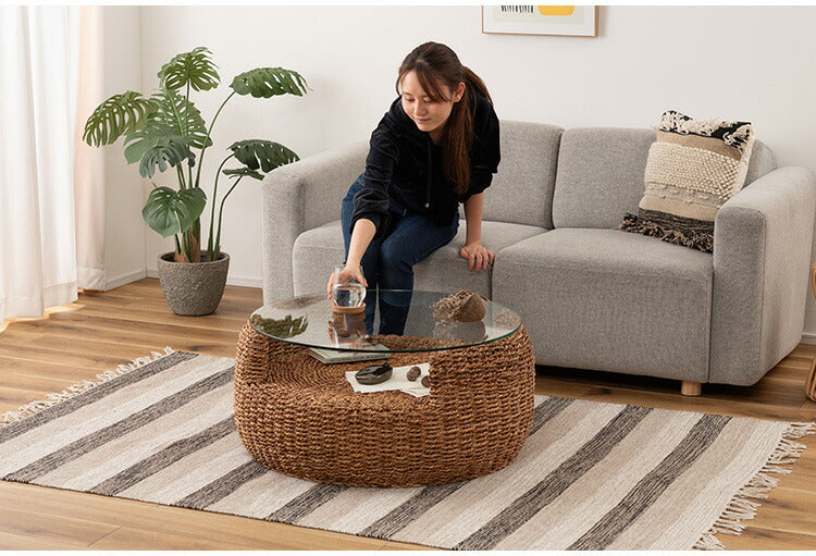 アバカ ラウンドテーブル NRS-5 東谷 ローテーブル センターテーブル ガラステーブル 丸型 丸い 円形 収納棚 おしゃれ アバカ 天然素材 リゾート ラウンジ アジアン ナチュラル(代引不可)