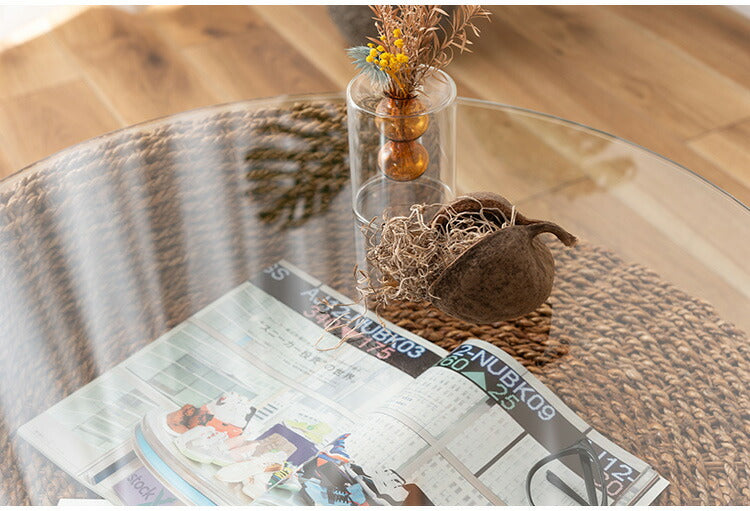 アバカ ラウンドテーブル NRS-5 東谷 ローテーブル センターテーブル ガラステーブル 丸型 丸い 円形 収納棚 おしゃれ アバカ 天然素材 リゾート ラウンジ アジアン ナチュラル(代引不可)