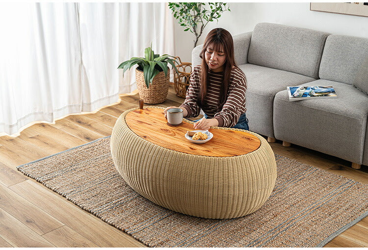リビングテーブル NRS-6 東谷 センターテーブル テーブル 机 木製 天然木 収納 ビーンズ型 豆型 ラタン 北欧 かわいい おしゃれ 屋外 リビング ダイニング(代引不可)