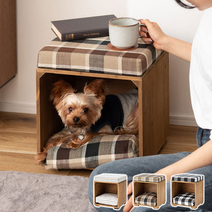 スツール ペット ペットスツール クッション 天然木 かわいい おしゃれ 小型犬 猫 ネコ いぬ チェック シンプル コットン(代引不可)