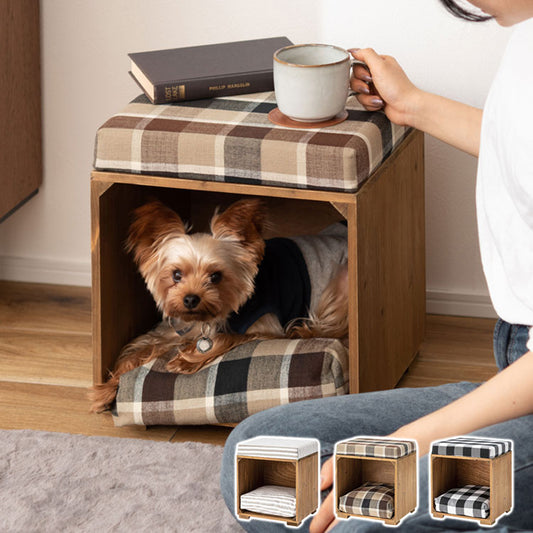 スツール ペット ペットスツール クッション 天然木 かわいい おしゃれ 小型犬 猫 ネコ いぬ チェック シンプル コットン(代引不可)