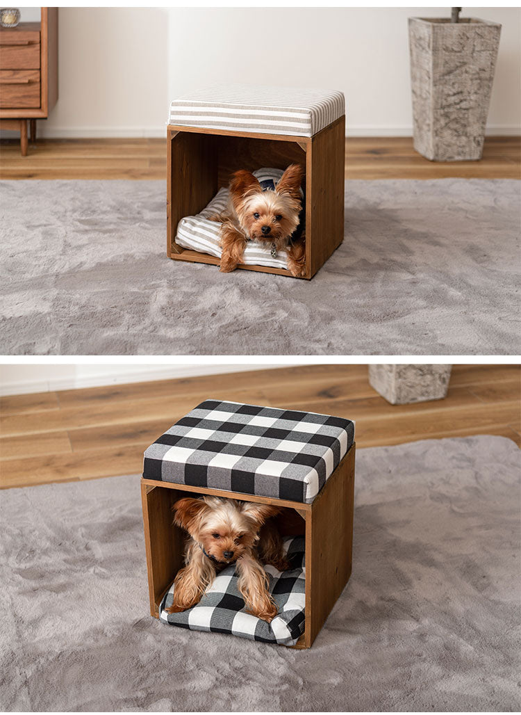 スツール ペット ペットスツール クッション 天然木 かわいい おしゃれ 小型犬 猫 ネコ いぬ チェック シンプル コットン(代引不可)