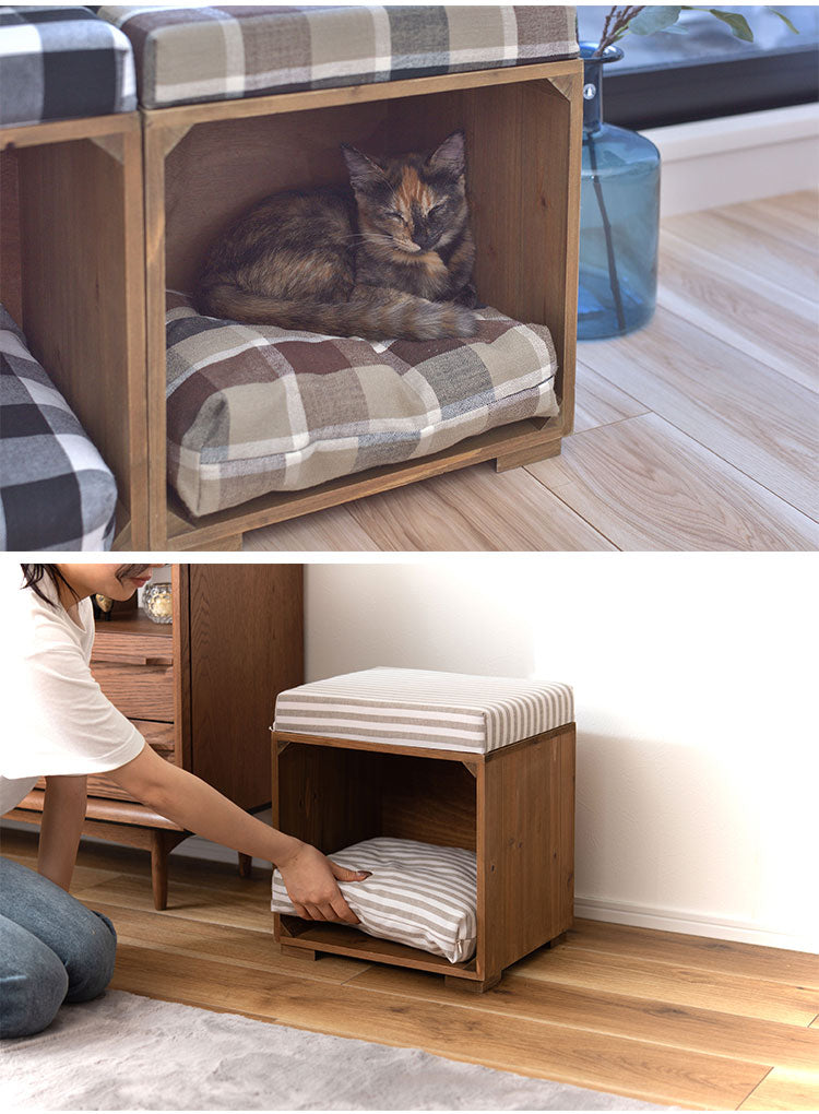 スツール ペット ペットスツール クッション 天然木 かわいい おしゃれ 小型犬 猫 ネコ いぬ チェック シンプル コットン(代引不可)