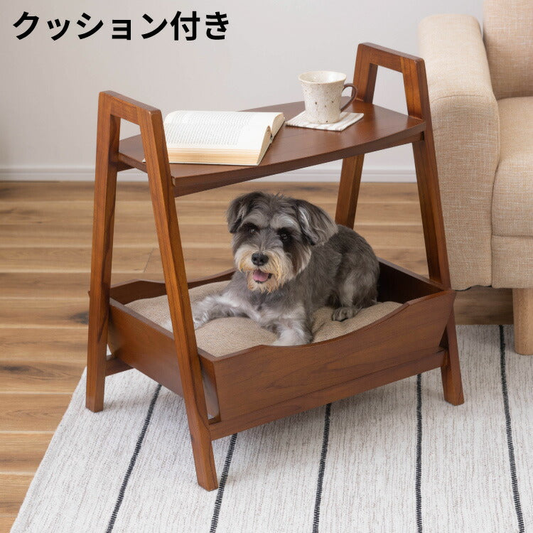 ペットベッド サイドテーブル テーブル ペット 犬 猫 ウサギ シンプル おしゃれ 北欧 持ち手 ハンドル クッション付き 木製 天然木 ナチュラル ブラウン リビング 高さ60cm(代引不可)
