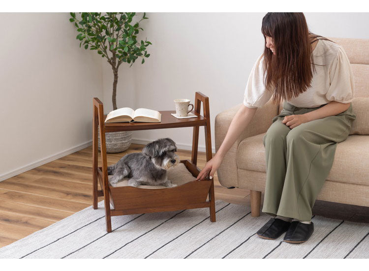ペットベッド サイドテーブル テーブル ペット 犬 猫 ウサギ シンプル おしゃれ 北欧 持ち手 ハンドル クッション付き 木製 天然木 ナチュラル ブラウン リビング 高さ60cm(代引不可)